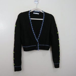 Zara Medium Crop Cardigan Sweater Floral Embroider Crochet Knit Black